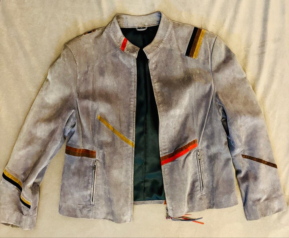 VTG 90s Suede Leather Jacket Gray Southwestern Colorblock Ribbon Trim Zip size M